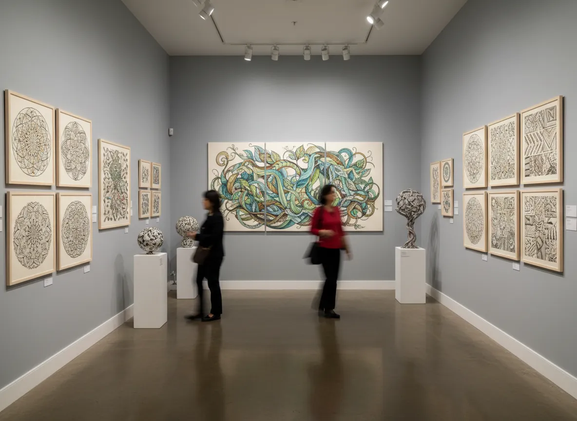 एक गैलरी व्यू जो मंडला से लेकर अमूर्त प्रकृति-प्रेरित रूपों तक, Zentangle शैलियों और पैटर्न की एक विविध श्रृंखला प्रदर्शित करता है।