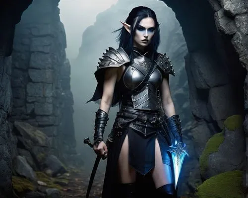 Dark Elf, mysterious, slender build, pale blue skin, pointed ears, intricate black hair, silver studs, gothic makeup, dark eyeshadow, bold eyebrows, leather armor, chest plate, waist cloak, legs wrapp