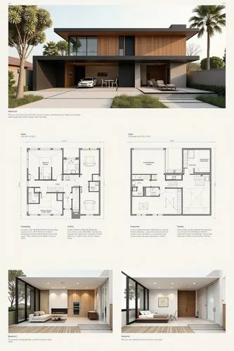 A professional architectural presentation board with a Pure background and a clean, minimalist design layout. The board includes:

Top Section: On the top left, a photorealistic render of a contempora