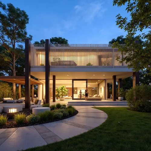 modern duplex villa, teak wood pergola, living room with warm lighting can be seen inside thru a vitrocsa minimalist large windows with partially covering blinds, the fence is made of painted concrete