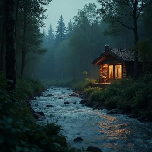 A small wood cabin with field view at Finnish landscape, wood and natural tones
,a cabin is lit up at night near a stream,small cabin,the cabin in the mountains,house in the forest,summer cottage,cabi