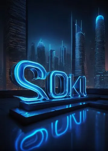 3D metallic font, futuristic neon lights, glowing blue lines, rounded edges, sleek curves, chrome finish, reflective surface, urban cityscape background, skyscrapers, night scene, misty atmosphere, so