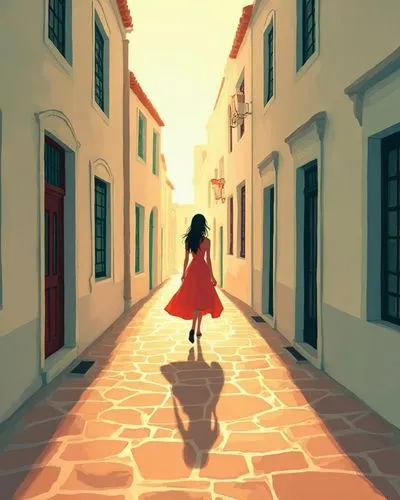 A flat, lineless digital art illustration with bold outlines and strong color blocking, utilizing vibrant reds, greens, and oranges. A solitary woman, depicted in a flowing, light-colored dress in the