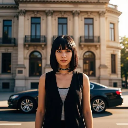 A beautiful girl of 34 years old in a very nice outfit is standing straight in front of a beautiful building, inverted bob with bangs hairstyle, with a car in the background, looking straight into the