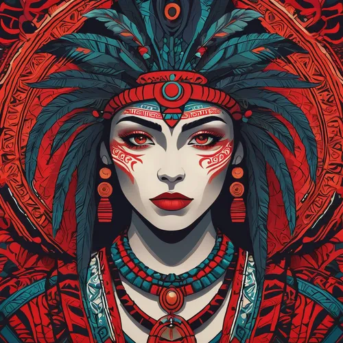 Create a red pfp with a tribal pattern for a powerful and tribal-inspired character.,cleopatra,tribal,aztec,boho art,headdress,red chief,shamanic,masquerade,indian headdress,warrior woman,shaman,geish