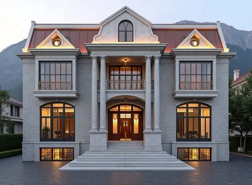 Photorealistic architectural visualization of a luxury 2-story square-shaped residental building. First floor height 5m with tall arched windows, second floor height 5m. Classical architectural style 