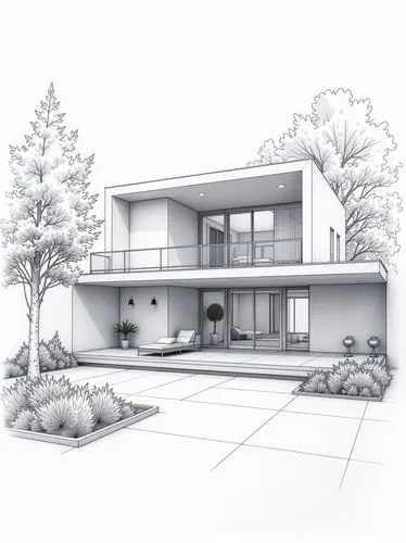 A sketch of a modern house that looks like a black and white hand drawing. Like a pencil drawing with a beautiful interior courtyard in a minimalist and modern style


,the back side of a modern house