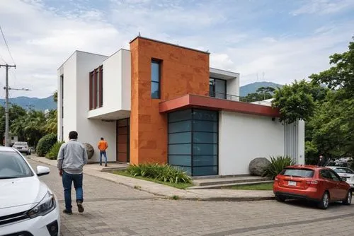 A photo-realistic rendering of a modern two-story building with a combination of white and orange colors. the building has a rectangular shape with a flat roof and large windows on both sides. The ext