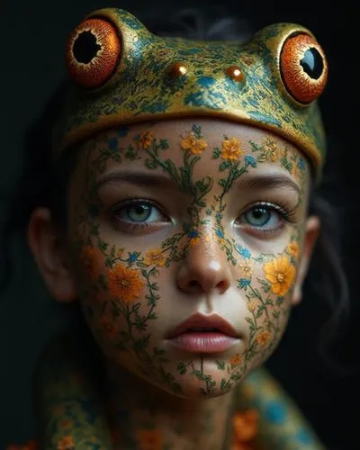A frog child,a child with painted face and a frog hat,face paint,bodypainting,body painting,bodypaint,face painting,woman frog,litoria,grenouille,fairie,body art,frog prince,crocodile woman,faery,myst