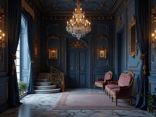 Navy blue walls, luxurious Baroque style interior, ornate golden frames, crystal chandelier, intricately carved wooden furniture, velvet upholstery, majestic curtain draping, marble floors, grand stai