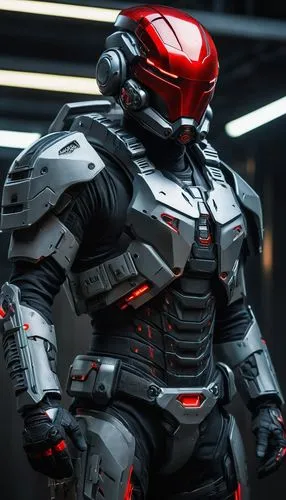 cyber cyborg operative with an intimidating tactical red helmet visor and grey tactical body armour,war machine,ironman,cyborg,armored,carapace,iron-man,iron man,brute,steel man,lopushok,3d man,armor,