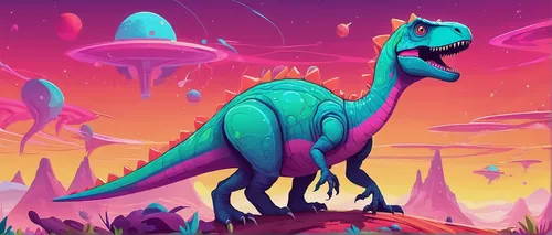 Design a futuristic cartoon dinosaur exploring a colorful and vibrant alien planet.,dino,brontosaurus,dinosaur,dinosaruio,rubber dinosaur,trex,landmannahellir,dinosaurs,aucasaurus,tyrannosaurus rex,ty