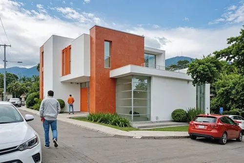A photo-realistic rendering of a modern two-story building with a combination of white and orange colors. the building has a rectangular shape with a flat roof and large windows on both sides. The ext