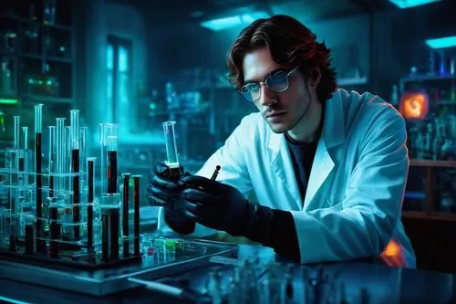Fantasy, futuristic, sci-fi laboratory, solo, male researcher, 30s, messy brown hair, black-rimmed glasses, white lab coat, gloves, syringes, beakers, test tubes, futuristic equipment, holographic scr