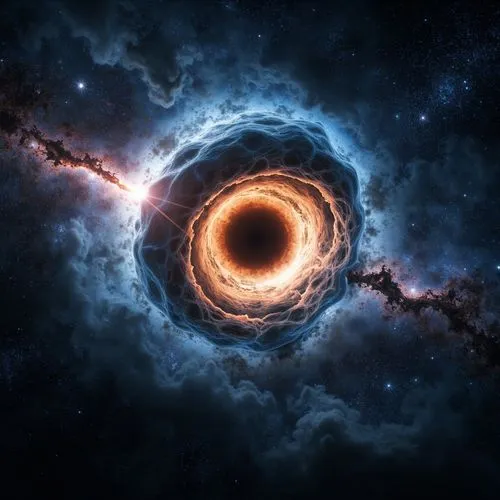 Create an immersive visual experience that captures the awe and mystery of two black holes collapsing into each other. The image should feature:
A range of colors emanating from the accretion disk, de