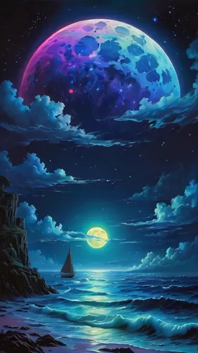 neon light art, in the dark of night, moonlit seas, clouds, moon, stars, colorful, detailed, 4k,moon and star background,moonlit night,sea night,lunar landscape,fantasy landscape,blue moon,moonlit,oce