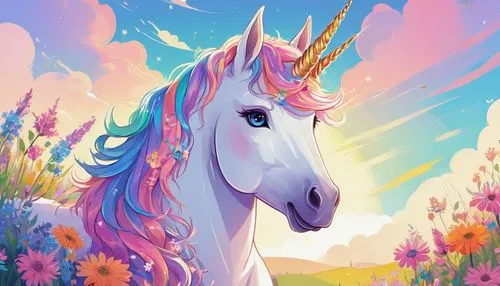 Pastel-colored unicorn, Fursona, young adult, kawaii face, sparkling blue eyes, blush on cheeks, soft fluffy fur, rainbow-colored mane, gentle smile, holding a bouquet of colorful flowers, standing in