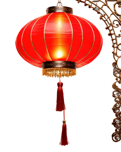 Traditional Chinese lantern, ornate metal frame, red silk lampshade, golden tassels, intricate carvings, soft warm glow, hanging from ceiling, luxurious fabric texture, reflective metallic surface, sh