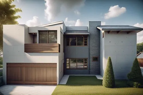a large two - story house with lots of windows and an attached garage,3d rendering,modern house,render,renders,modern architecture,duplexes,cubic house,rendered,3d rendered,dreamhouse,townhomes,two st