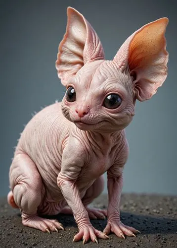 A cute creature design, 8k resolution, highly detailed, sharp focus, full body shot, hairless,an image of a hairless cat looking off into the distance,featherless,pygmy,mammal,fantasy animal,dwarf arm