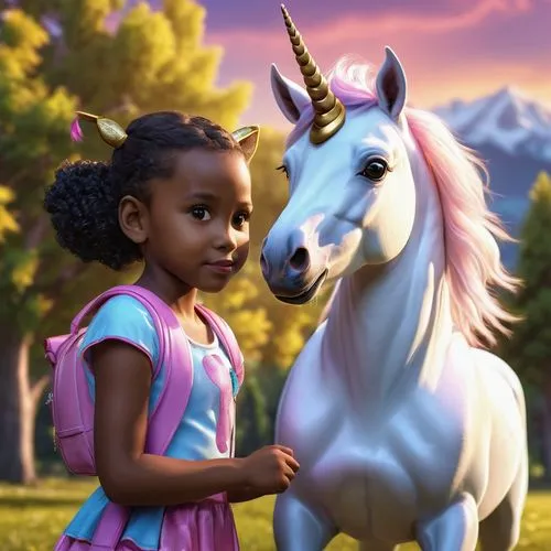 Cartoon unicorn and little negro girl ,unicorn and rainbow,unicorn,unicorn art,unicorn background,tiana,girl pony,unicorns,my little pony,dream horse,pony farm,albino horse,rainbow unicorn,pony,a whit