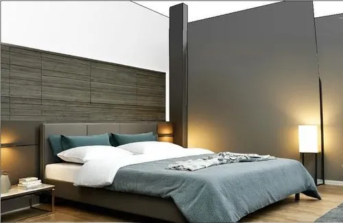 a grey bedroom features the headboard and lamps,wall lamp,modern room,bedroom,contemporary decor,headboard,modern decor,floor lamp,table lamps,bedside lamp,guest room,bedrooms,table lamp,sleeping room