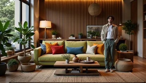 a person standing in front of a couch and table,sagmeister,home interior,mid century modern,mahdavi,livingroom,interior decor,living room,midcentury,mid century house,green living,sitting room,contemp