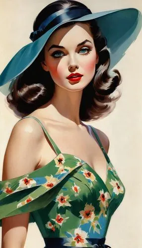 Delicate big eyes, gouache, cinematic, calligraphic, Rolf Armstrong, Mary Blair, modern vintage, gouache painting full body portrait spring fashion, long dark hair, beautiful patterns, slight smile, V