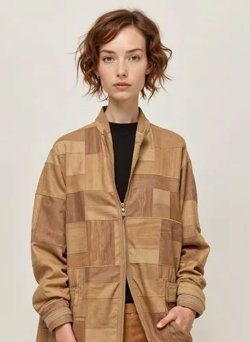 a woman stands with her hands in pockets,lumberjack pattern,menswear for women,brown fabric,autumn plaid pattern,coat,woman in menswear,oilskin,jacket,straitjacketed,wood wool,product photos,hemp patt