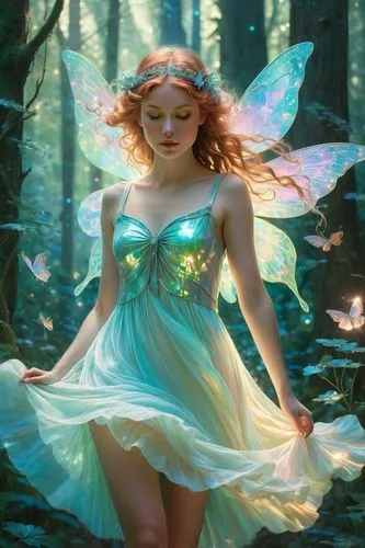 holographic. shabby chic dreamy glow pastel woodland freckled fairy girl swirling magical fairytale abstract ArtStation style.,a woman with erflies in her hair is standing in the woods,faerie,faery,fa