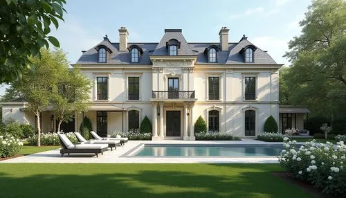 Elegant French-inspired luxury mansion with a cream stucco facade, ornate classical moldings, and tall black-framed windows. The building features a steep mansard roof with dark slate tiles and decora