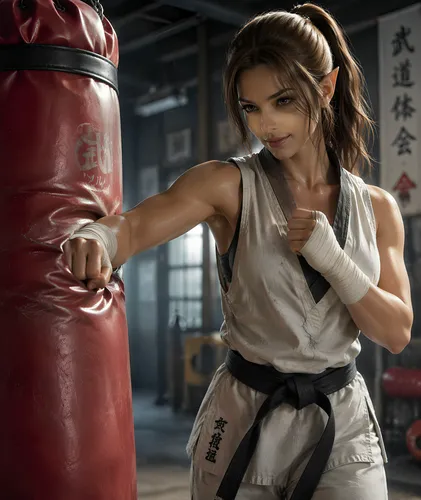 Manga style:

Lara, a stunning elf in her thirties with the athletic build of Lara Croft, pointed ears, and brown hair and eyes, is wearing a martial arts outfit. She is in a gym, training on a punchi