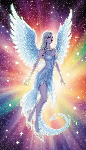 Remastered Comic Art, 2010 Style, Fine Line Art, NO TEXT. A beautiful, angelic creature with glowing ethereal wings, surrounded by a vibrant, celestial rainbow.,an illustration of a angel floating on 