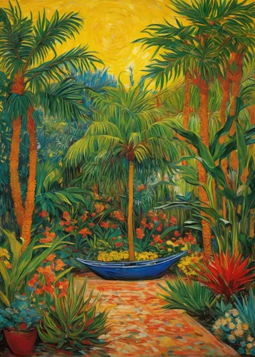 Write a romantic scene in a tropical garden filled with flor de izote.,palm garden,majorelle blue,palm pasture,palm field,tropical bloom,garden of eden,palm branches,yellow garden,winter garden,tropic