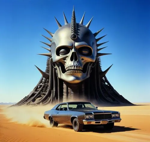 MadMax Giger influence,a car with spikes on its head in front of a giant sculpture,giger,motorhead,powerslave,pinhead,burning man,mad max