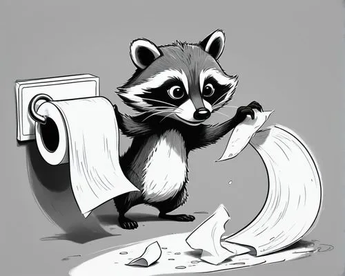 Simple black and white draw, cartoon-style scene. A raccoon is trying to throw toilet paper into a toilet.,a rac is standing up holding paper and a toilet,rocket raccoon,raccoon,raccoons,racoons,badge