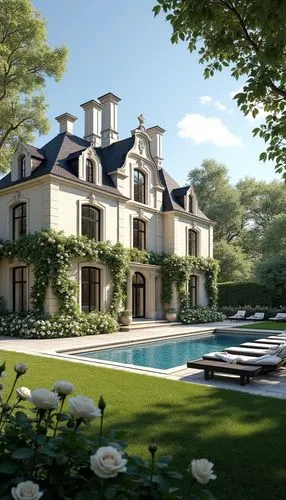 Elegant French-inspired luxury mansion with a cream stucco facade, ornate classical moldings, and tall black-framed windows. The building features a steep mansard roof with dark slate tiles and decora