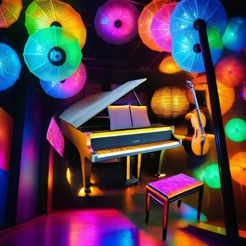 a piano and piano stool sitting in front of a stage,colored lights,grand piano,playing room,piano bar,colorful light,the piano,pianos,play piano,music instruments on table,party lights,music studio,ph