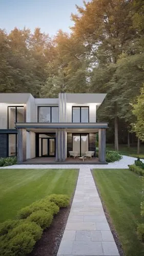 realistic surroundings of the architecture of a residential building. Stone paths lead to the entrance to the house, trees in the background, plants, shrubs. Blue sky.,new england style house,modern h