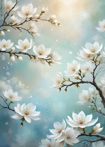 textured white blossoms,a painting of white flowers on a tree with a sun,almond blossoms,floral digital background,chrysanthemum background,plum blossoms,star magnolia,flower background,spring backgro