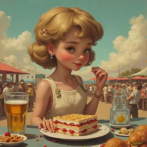 everybody you've ever met is so delicious. ,a painting of a woman holding a sandwich,waitress,retro diner,girl with bread-and-butter,woman holding pie,retro pin up girl,retro girl,50's style,vintage g