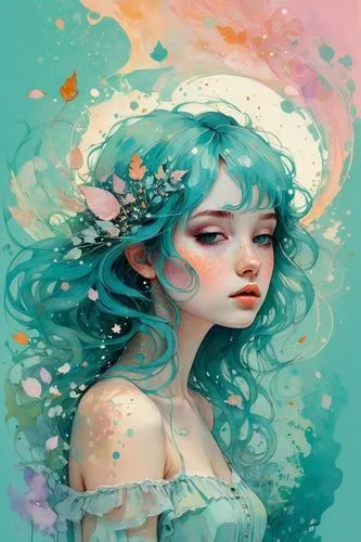 shabby chic dreamy glow pastel woodland freckled fairy girl swirling magical fairytale abstract ArtStation style,a woman is wearing a blue hair and erfly dress,flora,fantasy portrait,flower fairy,fair