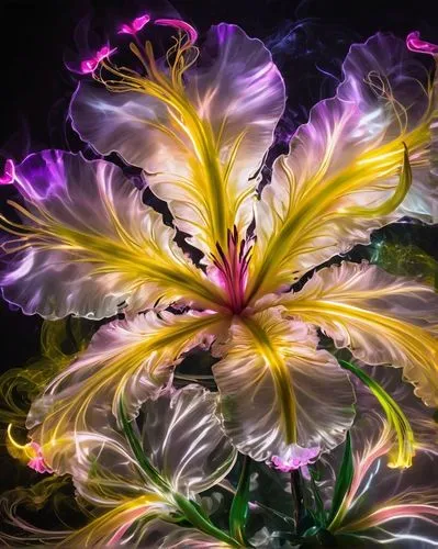 an abstract painting of white, purple and yellow flowers,light fractal,cosmic flower,lily flower,lilies,pond flower,light painting,celestial chrysanthemum,flower of water-lily,abstract flowers,spider 