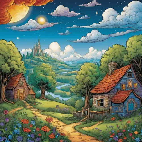 Create a dreamy and whimsical background for a children's book cover.,aurora village,mushroom landscape,children's background,home landscape,fairy village,cartoon video game background,alpine village,