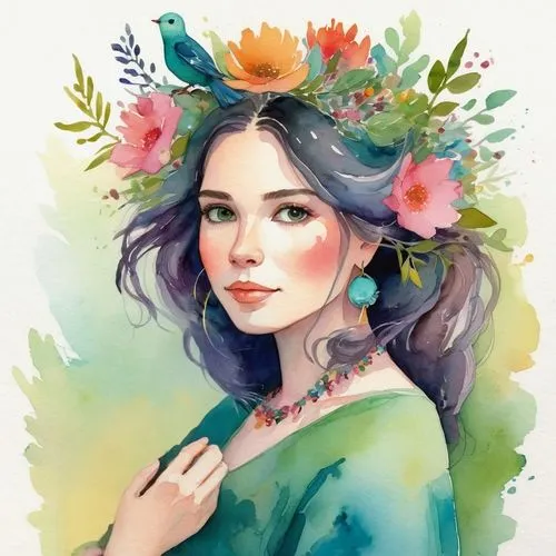 background,watercolor wreath,watercolor floral background,girl in flowers,boho art,flower crown,girl in a wreath,floral wreath,watercolor women accessory,flora,beautiful girl with flowers,fantasy port