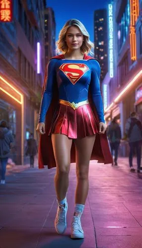 SUPERGIRL WITH CLOTHES NEON LIGHTING, IN CITY,super woman,super heroine,superhero,superman,super hero,wonder woman city,superhero background,wonder,wonderwoman,hero,sexy woman,superman logo,retro woma