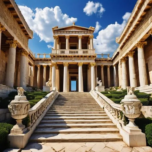 Ancient Greek architecture, grand temple, massive stone pillars, intricate carvings, ornate sculptures, bright blue sky, fluffy white clouds, lush greenery, sprawling staircase, symmetrical design, ma