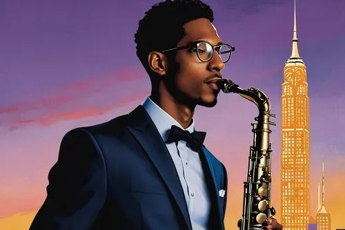 Modern architectural Digest magazine cover, solo Jon Batiste, 30s, handsome facial features, short black hair, stylish glasses, suit and tie, holding a saxophone, standing in front of a sleek skyscrap