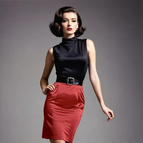 a red skirt not a pink one,a woman in a deep red mini skirt and a black sleeveless high neck blouse,mouret,50's style,model years 1958 to 1967,vintage 1950s,minidress,lady in red