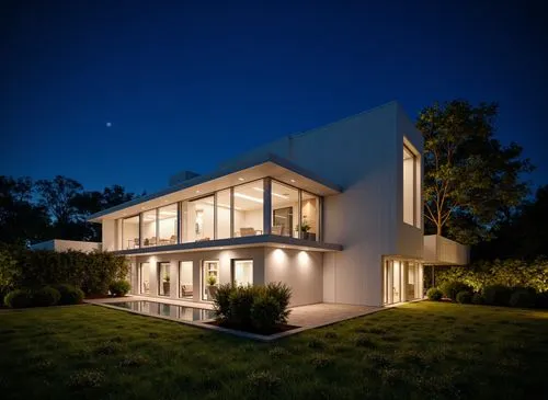 A photo-realistic rendering of a modern, minimalist white house at night. the house is situated on a hillside, with a well-manicured lawn and a small garden in the foreground. the exterior of the hous